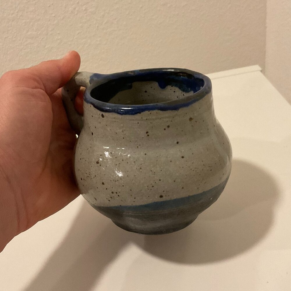 HANDMADE Speckled Whit and Blue Ceramic Mug, White and Blue, 3.5" H, Handcrafted - Picture 3 of 8